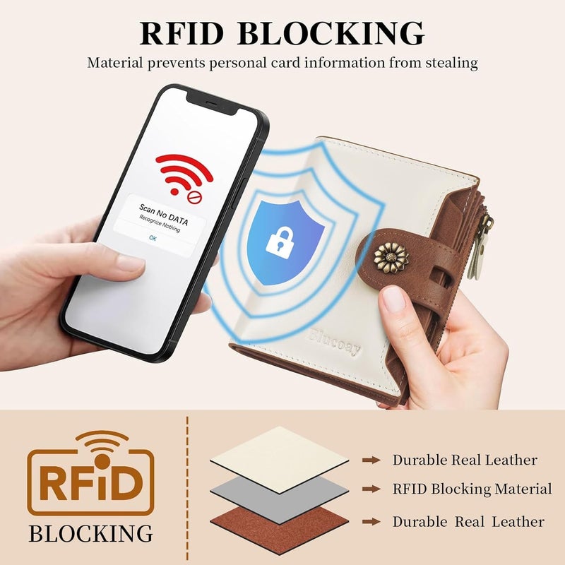 Blucoay Wallet Women,RFID Blocking Leather Womens Wallet Bifold Compact Card Holder Small Wallet for Women with Removable ID Window(Whitebrown) - Image 5